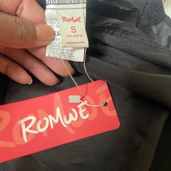 NWT Romwe Black Chiffon Lace Trim Deep V-Neck Tunic Mini Dress S Goth Cottage - Picture 8 of 10